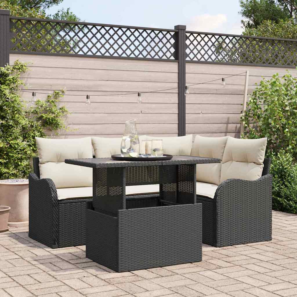 Set dining pentru exterior cu pernă 5 pcs Negru Rattan poli GartenMobel Dekor