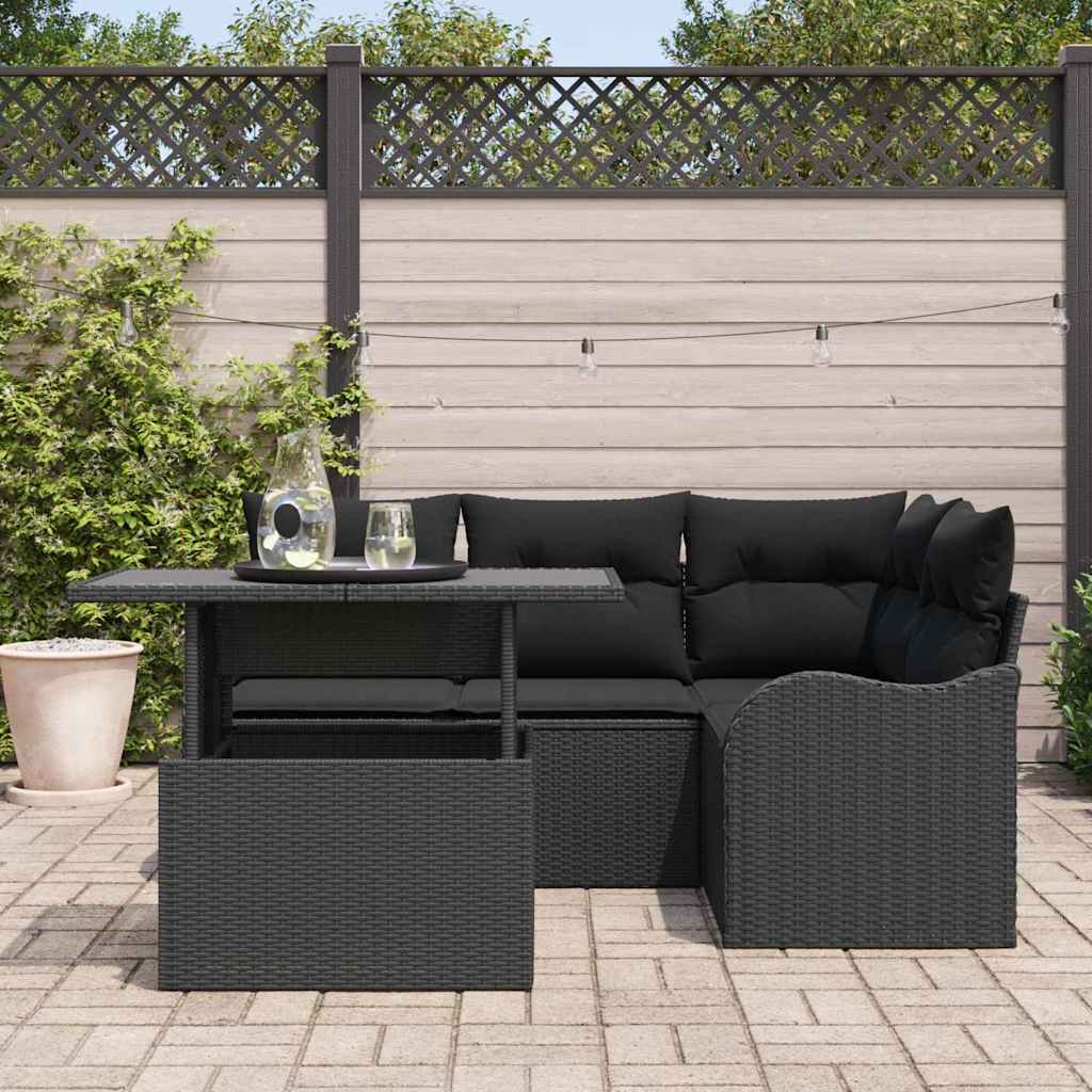 Set dining pentru exterior cu pernă 5 pcs Negru Rattan poli GartenMobel Dekor
