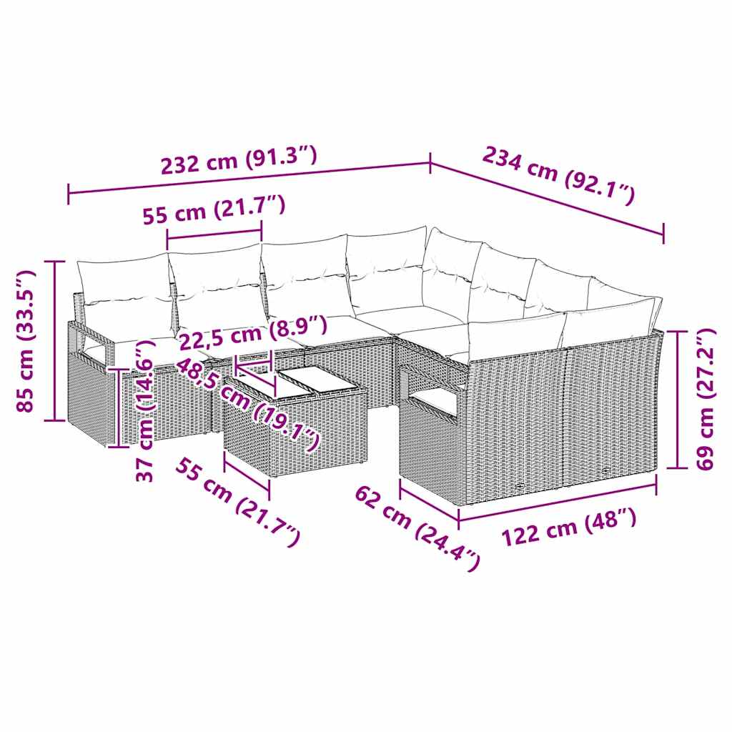 Set de canapea cu pernă Manual 9 pcs Bej și gri poliratan GartenMobel Dekor
