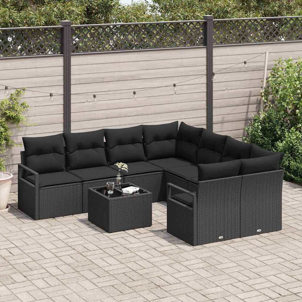 Set de canapea cu pernă Manual 9 pcs Negru poliratan GartenMobel Dekor