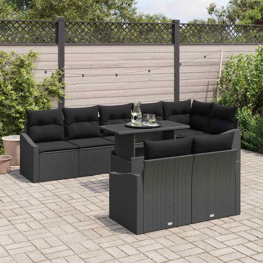 Set de canapele pentru grădină cu pernă 9 pcs Negru poliratan GartenMobel Dekor