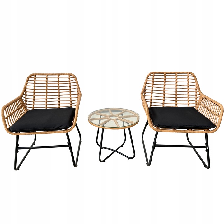 Set mobilier de grădină din ratan cu 2 scaune, perne și masă rotundă