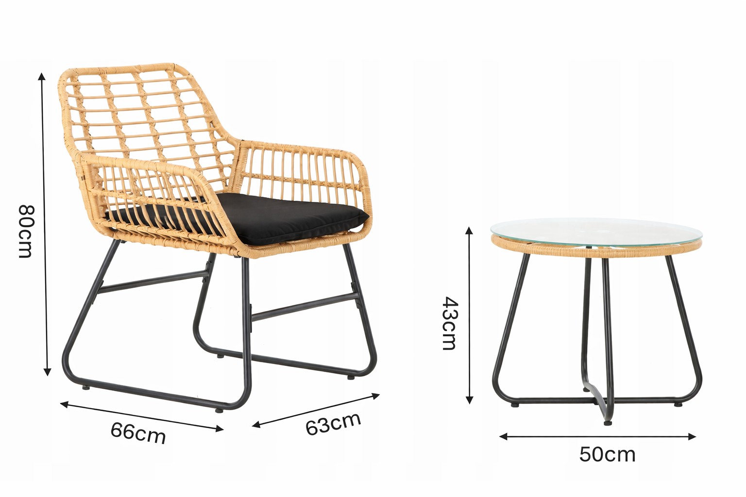 Set mobilier de grădină din ratan cu 2 scaune, perne și masă rotundă