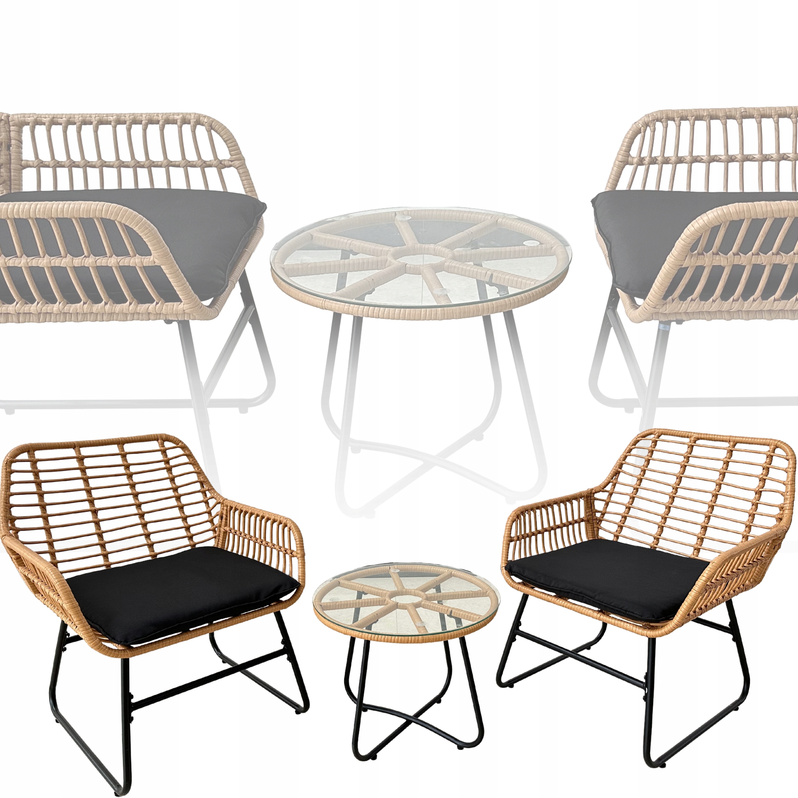 Set mobilier de grădină din ratan cu 2 scaune, perne și masă rotundă