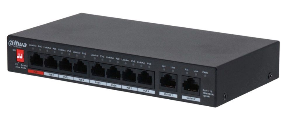 Switch PoE Dahua cu 8 porturi Gigabit, 2 uplink RJ-45, 96W