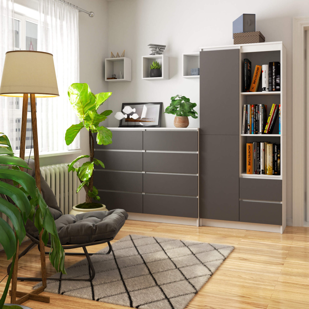 Dulap cu usa, 2 sertare si 7 rafturi, PAL laminat 16 mm, 80x35x180 cm, alb si gri