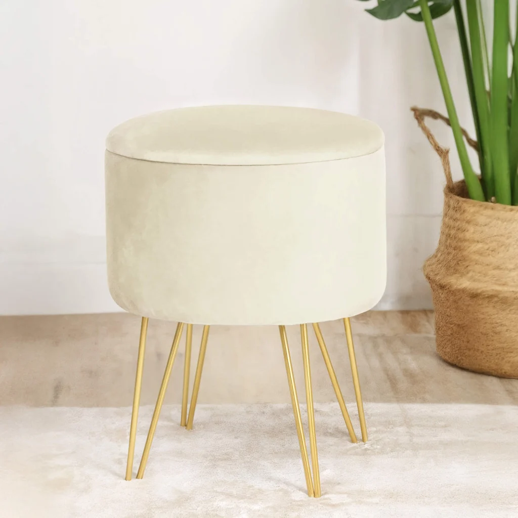 Taburet tapitat rotund Lili cu spatiu de depozitare, velur, 35x35x45 cm, crem