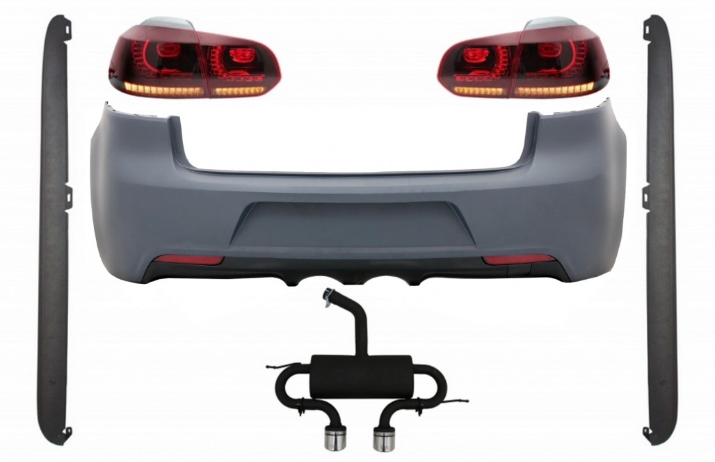 Bara Spate cu Sistem de Evacuare VW Golf 6 VI (2008-2013) R20 Design Praguri Laterale si Stopuri Full LED Rosu Fumuriu cu Semnal Dinamic Performance AutoTuning