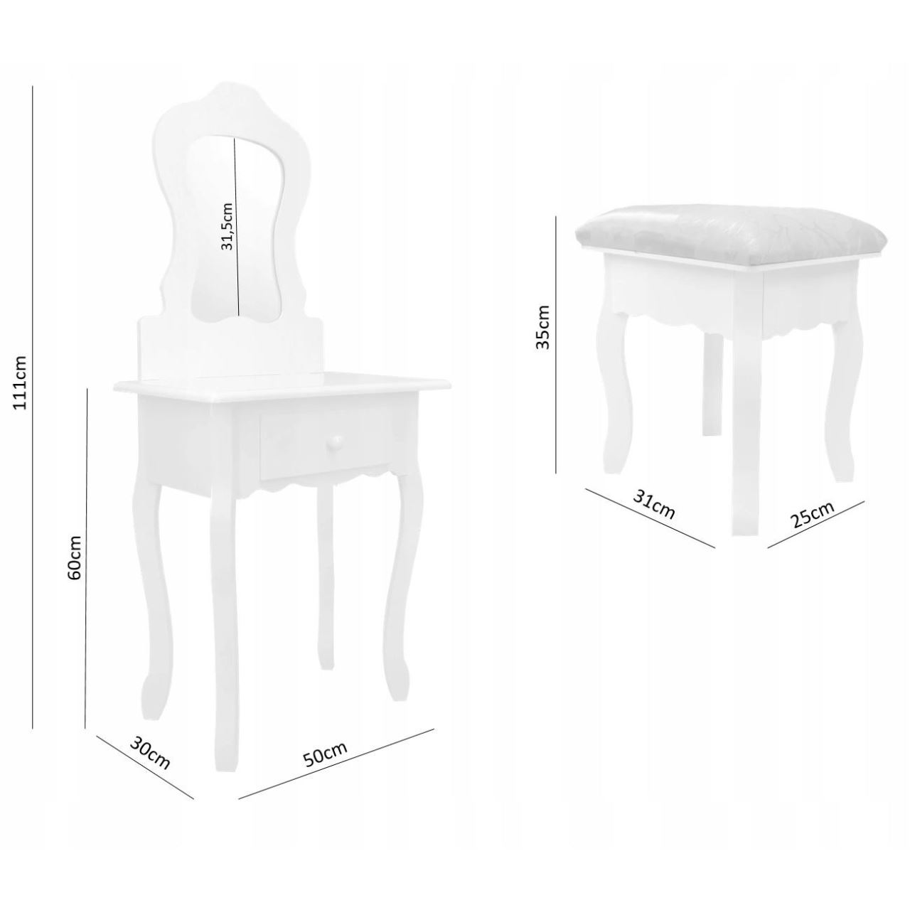 Masa de toaleta, machiaj, pentru copii, cu oglinda, sertar si taburet, alb, 50x30x111 cm GartenVIP DiyLine