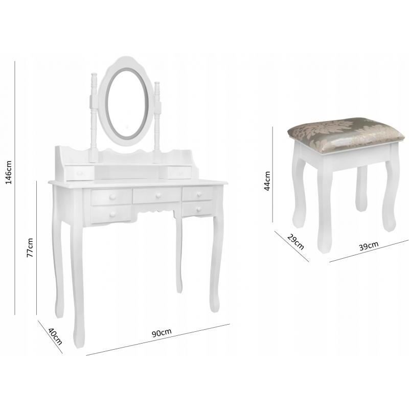 Masa de toaleta/machiaj, alba, oglinda cu LED, taburet, 90x40x146 cm, Chomik GartenVIP DiyLine