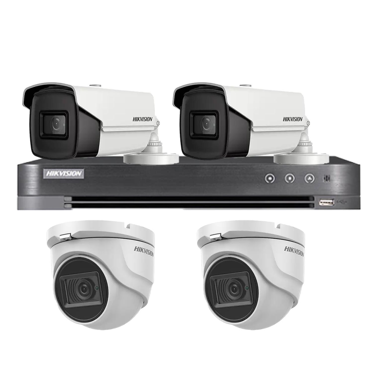 Sistem supraveghere Hikvision mixt, 2 camere interior 8MP 4 in 1, IR 30m, 2 camere exterior 4 in 1 8MP IR80m, DVR 4 canale 4K 8MP SafetyGuard Surveillance