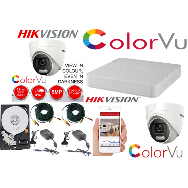 Kit supraveghere profesional  Hikvision Color Vu 2 camere 5MP IR20m, DVR 4 canale, full accesorii cu HDD SafetyGuard Surveillance