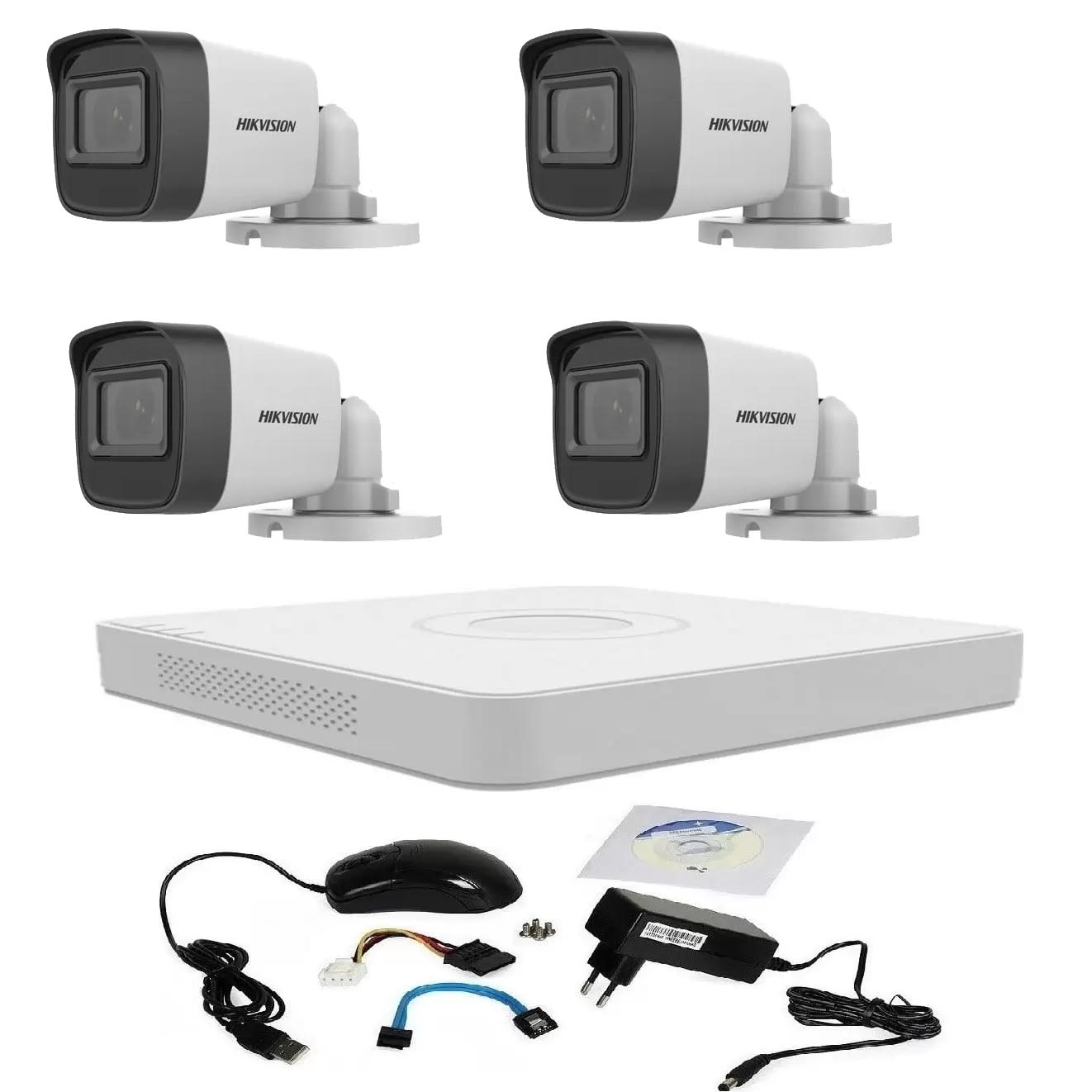 Kit supraveghere video 5 MP Hikvision Turbo HD cu 4 camere si cadou cablu HDMI, vizualizare pe telefon mobil SafetyGuard Surveillance