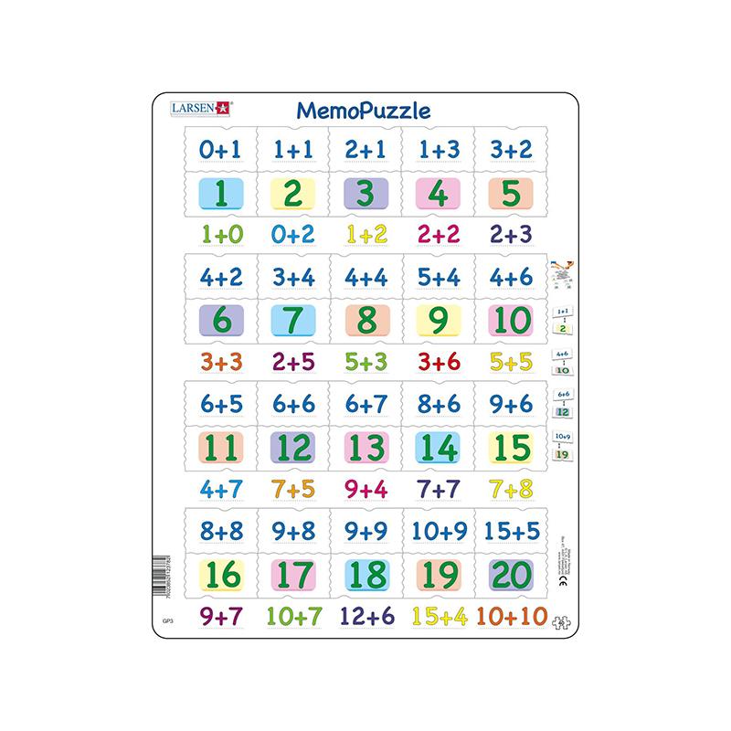 Puzzle maxi Memo cu adunari cu numere intre 0 si 20, orientare tip portret,  40 de piese, Larsen EduKinder World