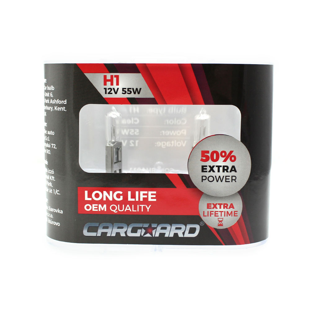 Set de 2 becuri Halogen H1, 55W, +50% Intensitate - LONG LIFE - CARGUARD Best CarHome