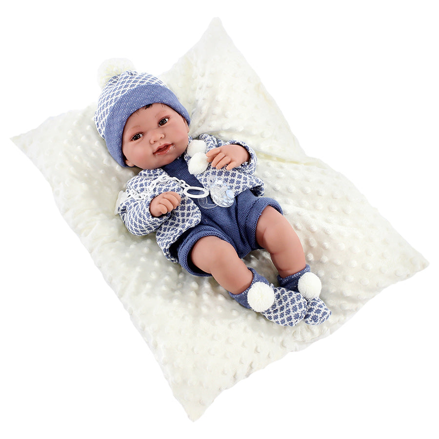 Papusa bebe realist Pipo cu salteluta pufoasa, corp anatomic corect, alb-albastru, Antonio Juan EduKinder World