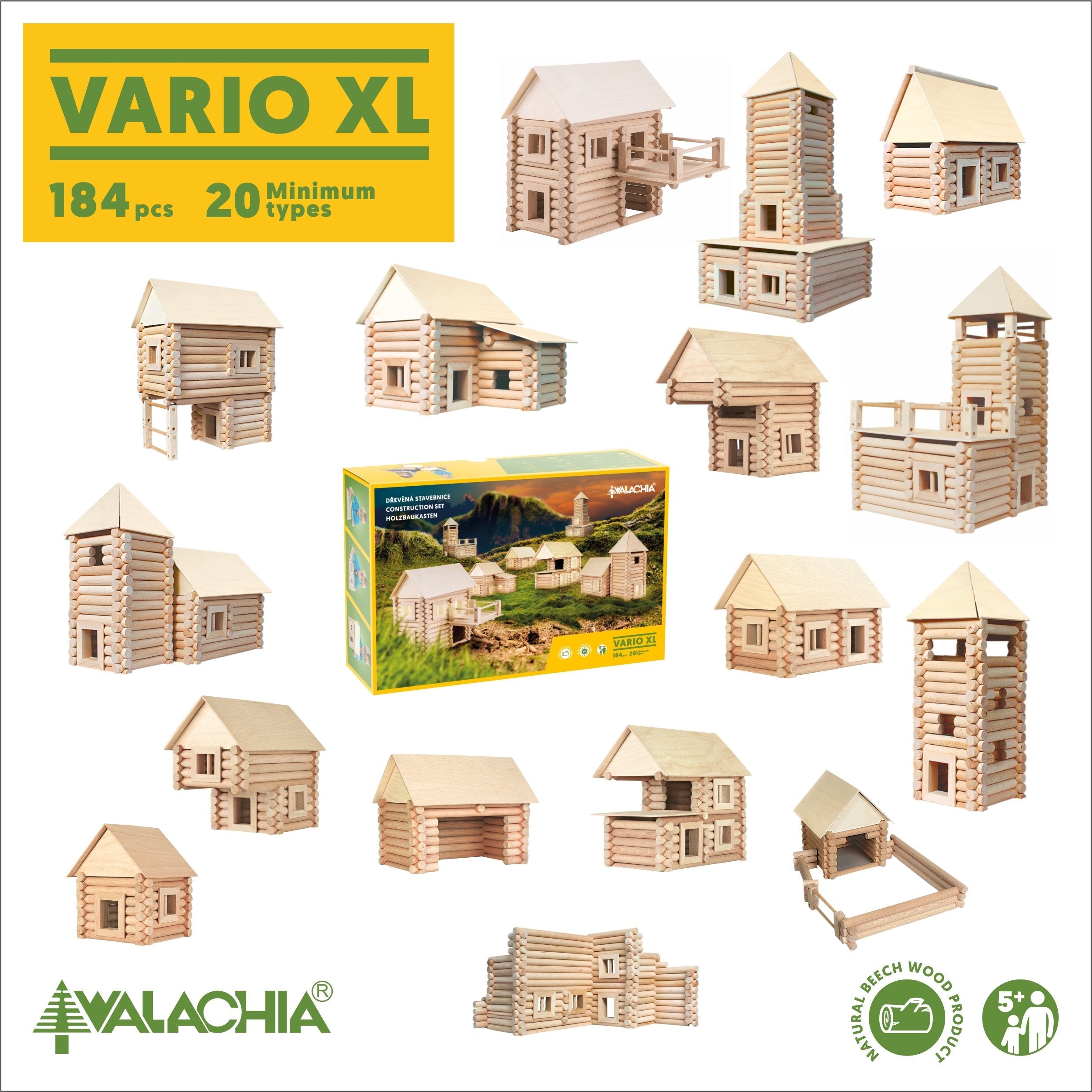 Set constructie arhitectura Vario XL, 184 piese din lemn, Walachia EduKinder World