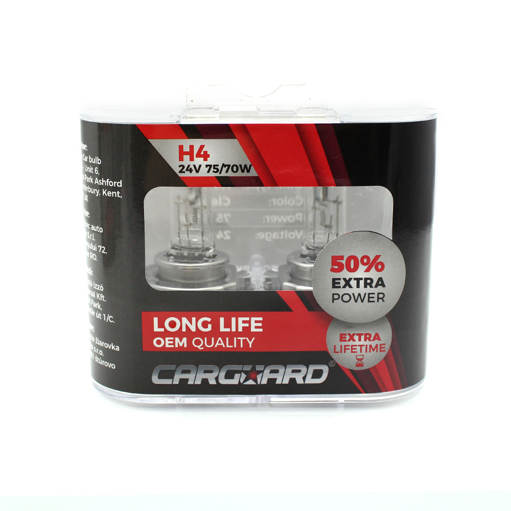 Set de 2 becuri Halogen 24V -  H4, 70W, +50% Intensitate - LONG LIFE - CARGUARD Best CarHome