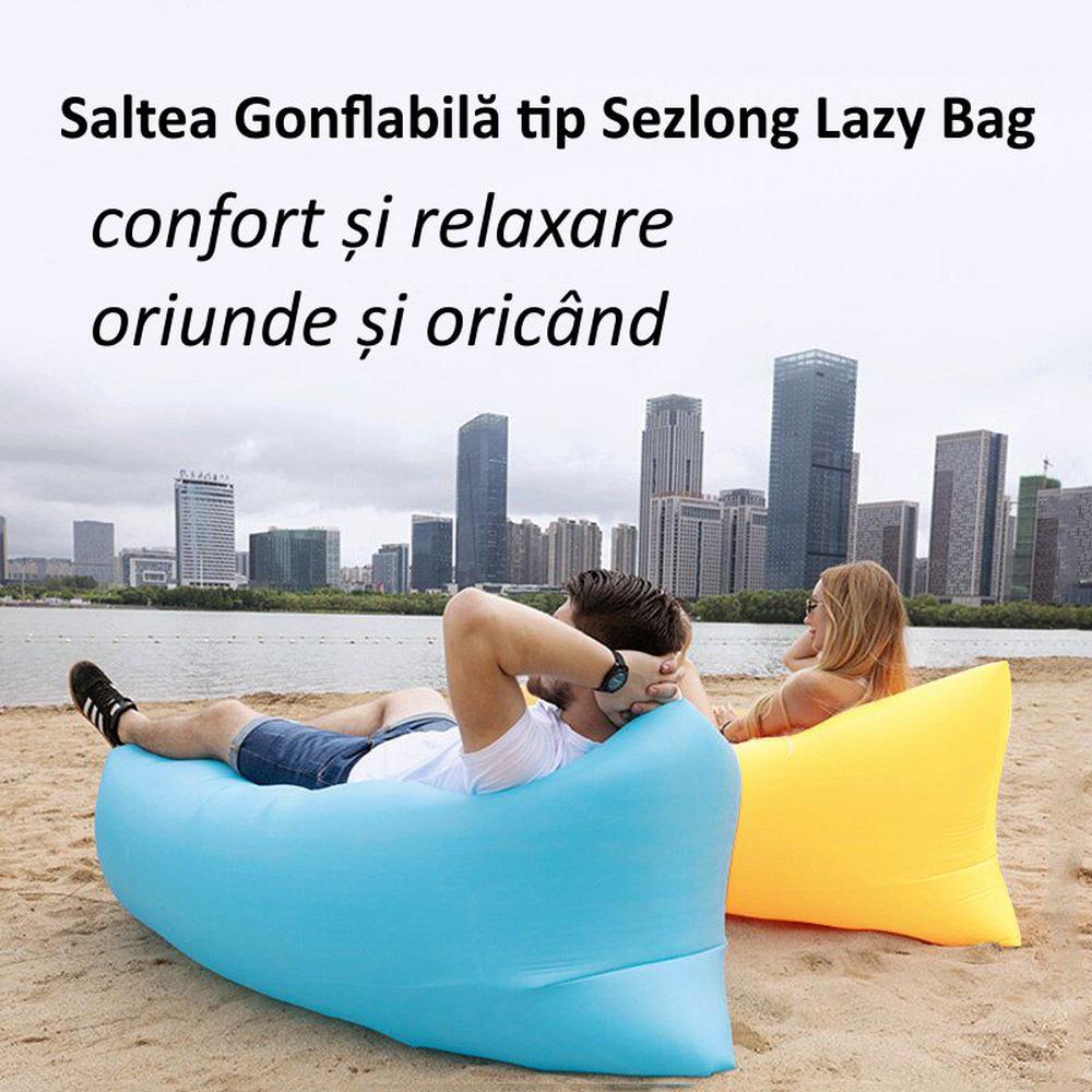 Saltea Gonflabila tip Sezlong Lazy Bag pentru Plaja sau Casa cu Rucsac Transport, Culoare Mov