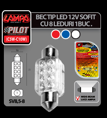 Bec LED 12V - 13x35mm - 8LED Sofit SV85-8 1buc - Albastru Garage AutoRide