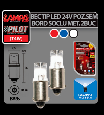 Bec tip LED 24V poz semn bord soclu metal T4W BA9s 2buc - Rosu Garage AutoRide