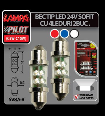 Bec tip LED 24V sofit cu 4 leduri 11x38mm SV85-8 2buc - Alb Garage AutoRide