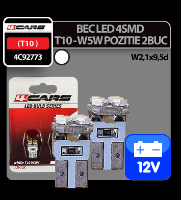Bec Led - 4SMD 12V pozitie T10 W21x95d 2buc 4Cars - Alb Garage AutoRide
