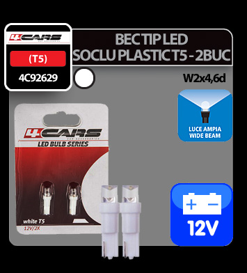 Bec tip LED 12V 12W soclu plastic T5 W2x46d 2buc 4Cars - Alb dispersat Garage AutoRide