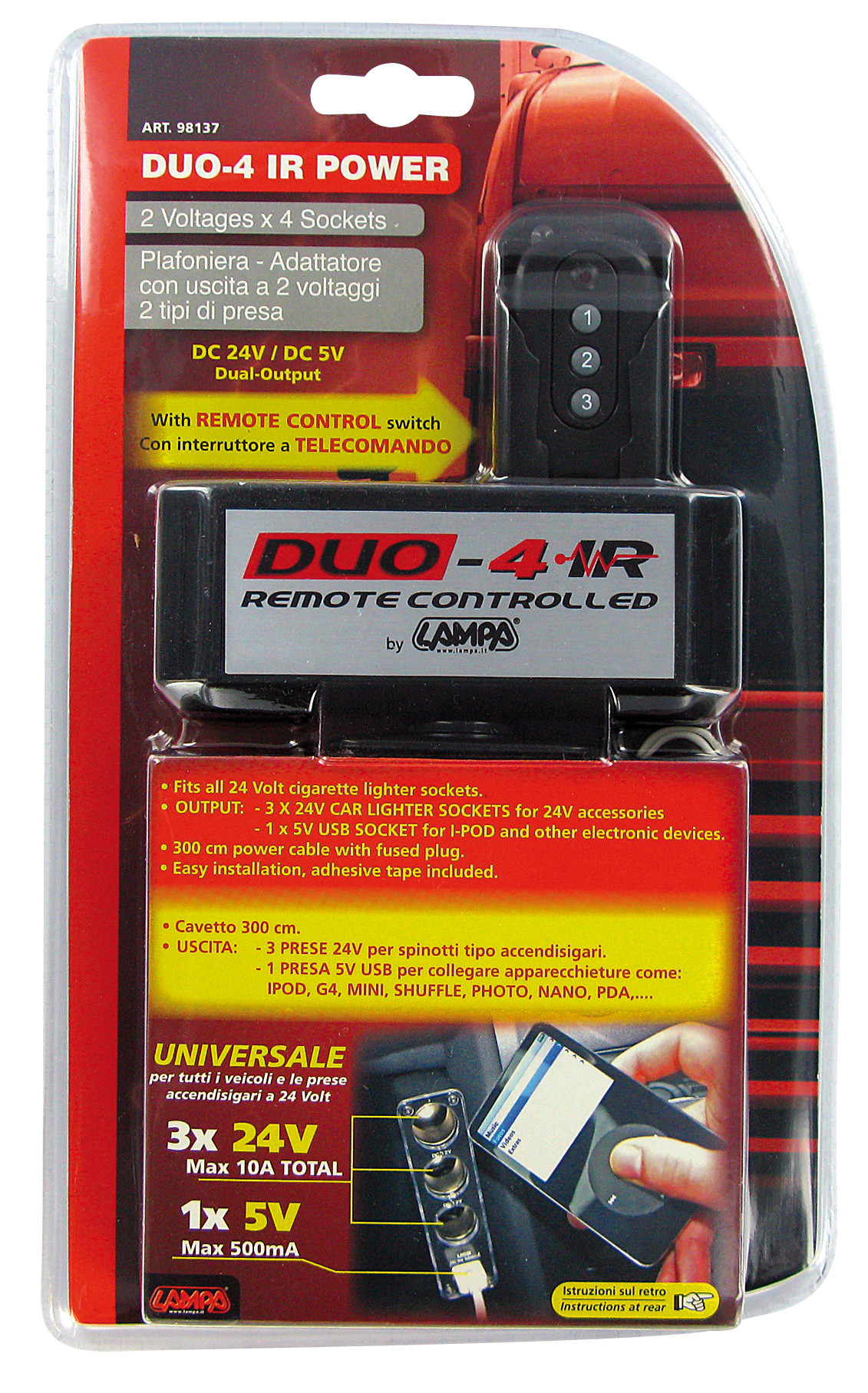 Priza tripla bricheta cu USB si telecomanda Duo-4 IR 24V Garage AutoRide