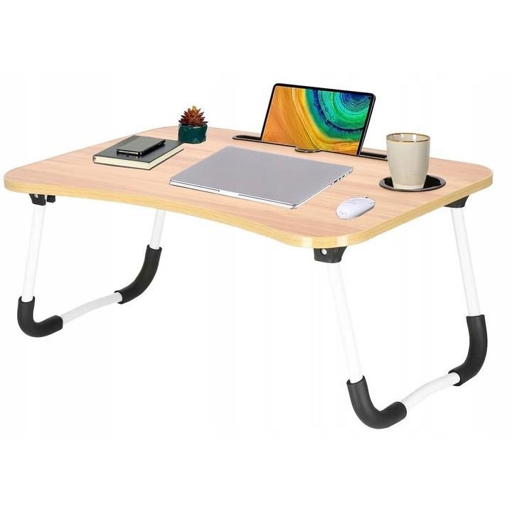 Masa pentru laptop, pliabila, suport pahar, MDF, metal, PE, natur, 60x40x27 cm, Springos GartenVIP DiyLine