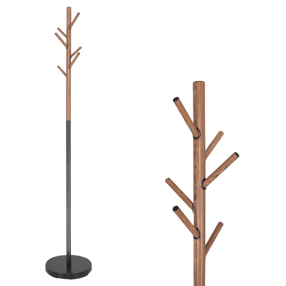 Cuier metalic design scandinav, 6 carlige, negru cu model lemn, baza metalica, 180 cm, Springos GartenVIP DiyLine