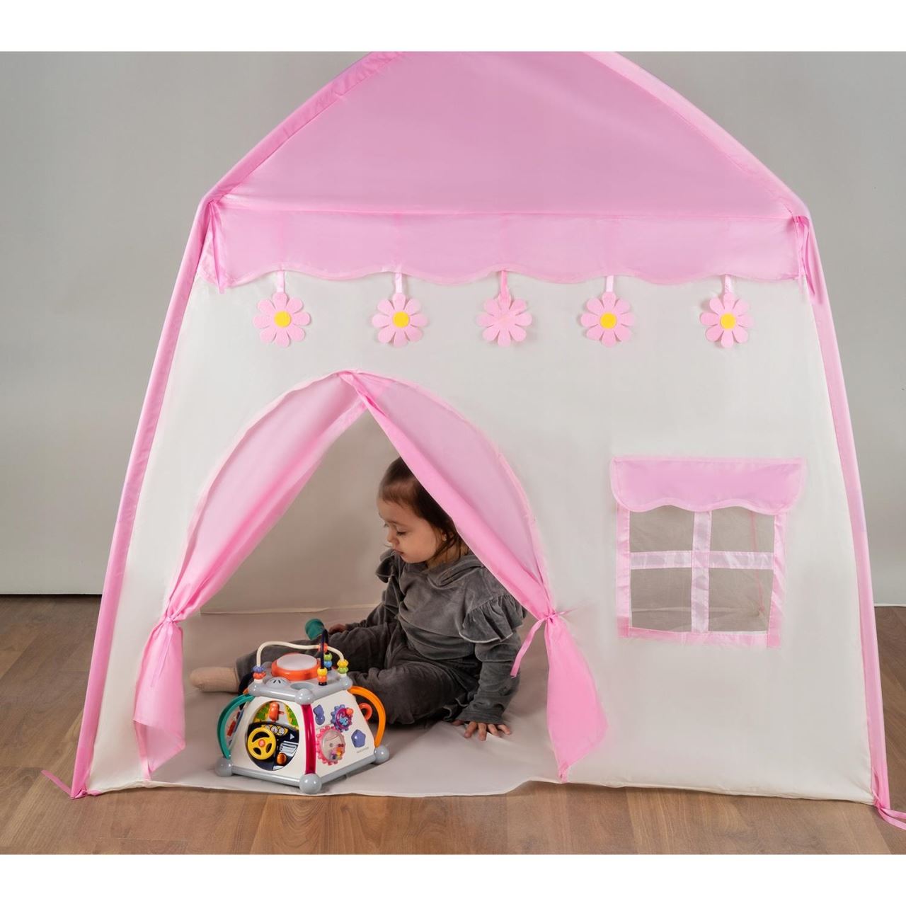 Cort de joaca pentru copii, cu lampi rotunde, roz si alb, 130x90x126 cm, Kruzzel GartenVIP DiyLine