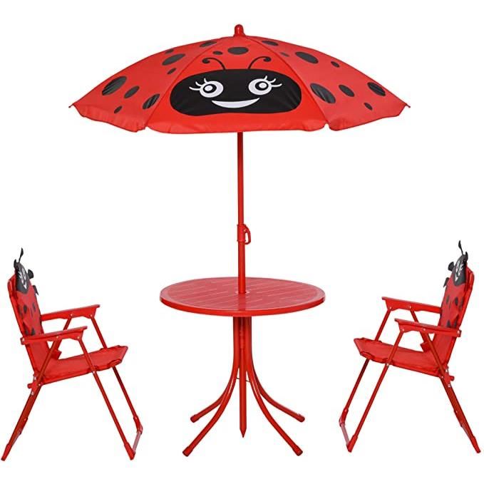 Set mobilier gradina/terasa pentru copii, pliabil, rosu, model buburuza, 1 masa cu umbrela, 2 scaune, Melisenda GartenVIP DiyLine