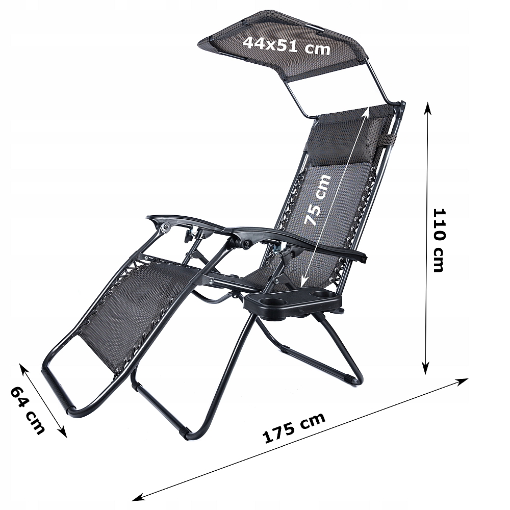 Set Scaun cu Perna tip Sezlong Pliabil Gravitatie Zero pentru Terasa, Gradina sau Plaja cu Parasolar Reglabil, Tetiera si Suport Bauturi, Maro/Negru