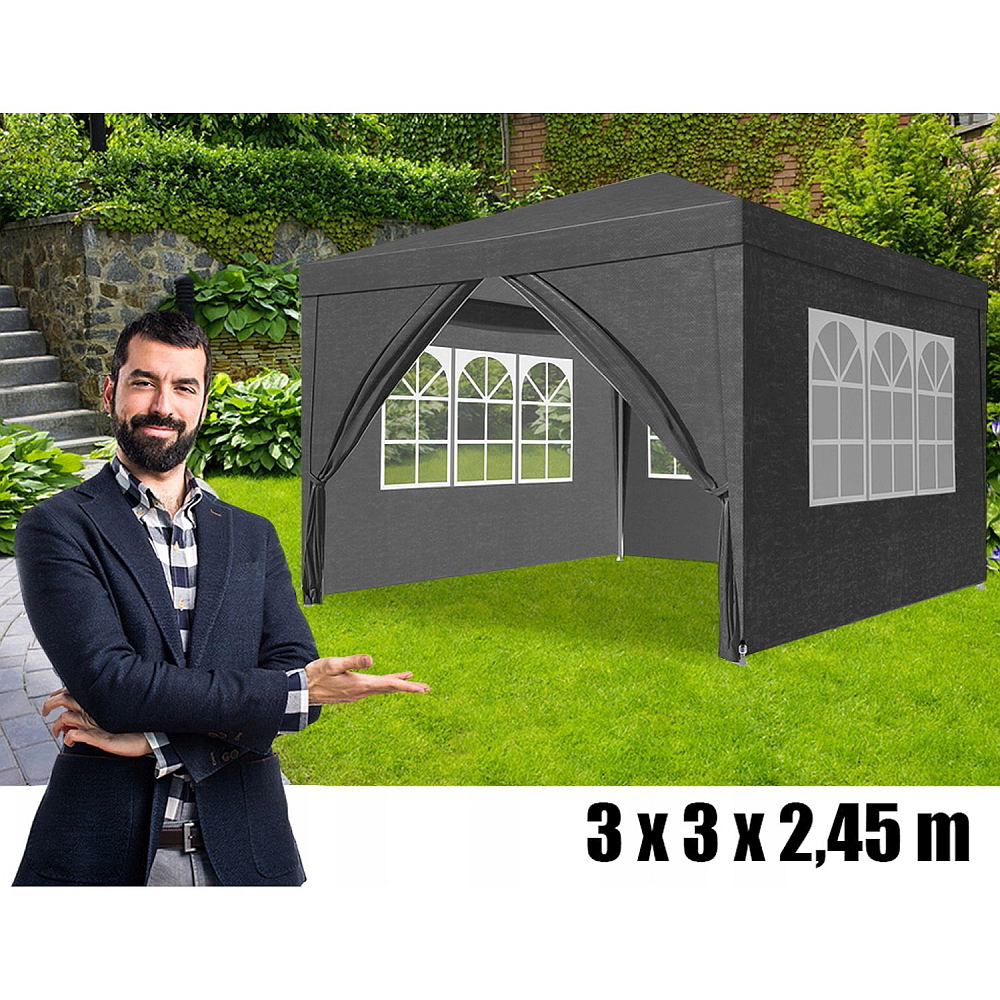 RESIGILAT - Cort Pavilion Gri 3x3 m cu Pereti Laterali si Ferestre pentru Petrecere, Evenimente, Curte sau Gradina