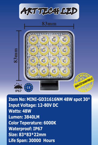 Proiector LED Mini 48W Sopt 30°, 12/24V Cod: GD31616NM Automotive TrustedCars