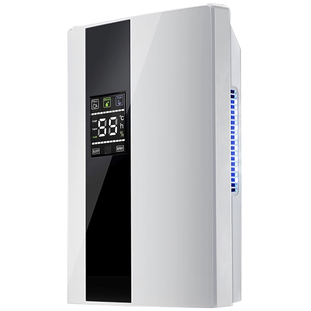 Dezumidificator si Purificator de Aer 2-in-1, Afisaj Temperatura/Umiditate, Randament 650ml/zi, Putere 90W, Anti-Mucegai, Telecomanda, Alb