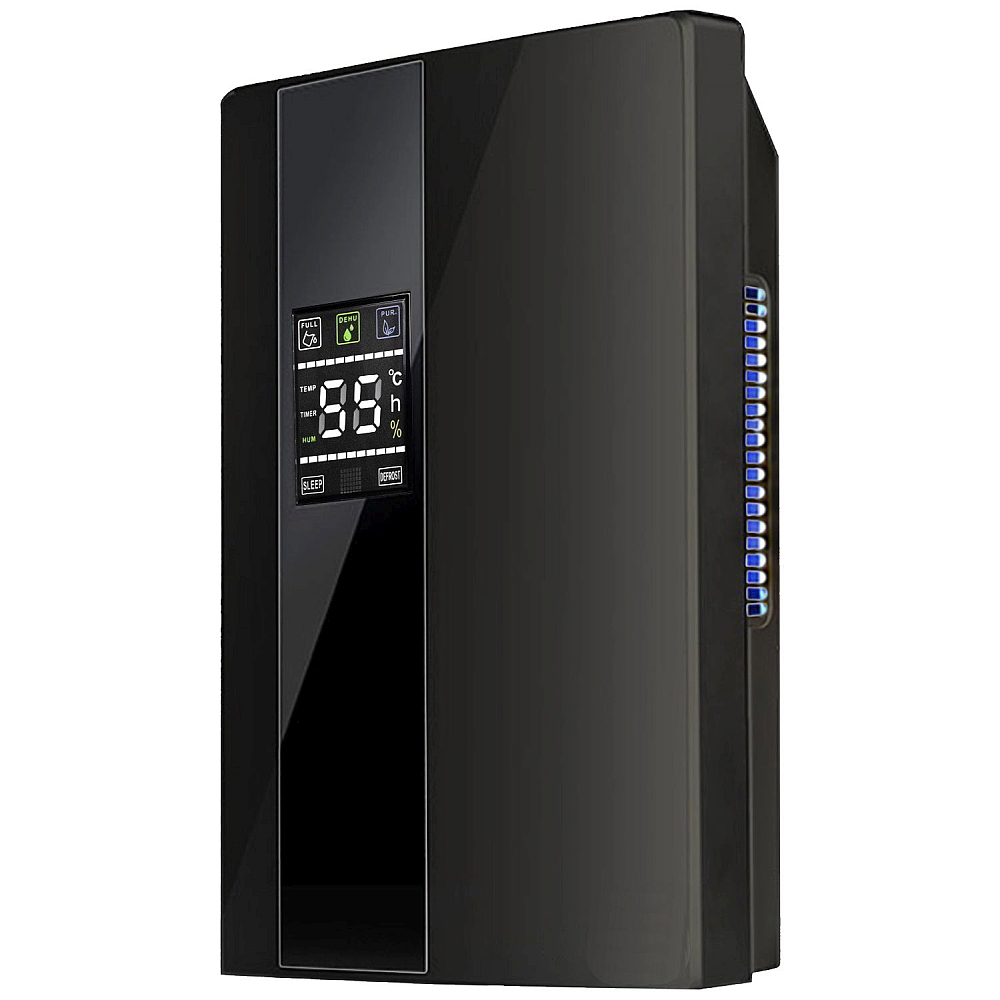 Dezumidificator si Purificator de Aer 2-in-1, Afisaj Temperatura/Umiditate, Randament 650ml/zi, Putere 90W, Anti-Mucegai, Telecomanda, Negru