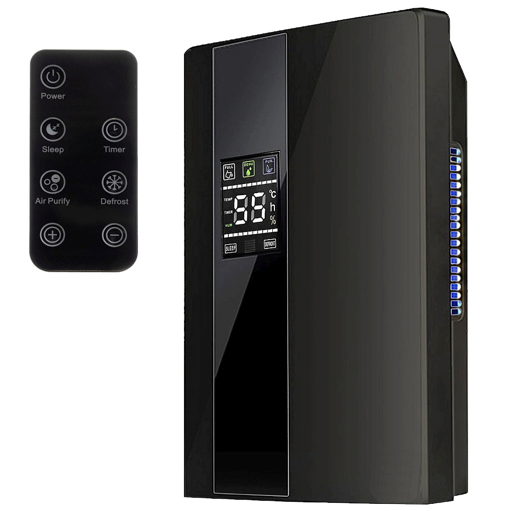 Dezumidificator si Purificator de Aer 2-in-1, Afisaj Temperatura/Umiditate, Randament 650ml/zi, Putere 90W, Anti-Mucegai, Telecomanda, Negru
