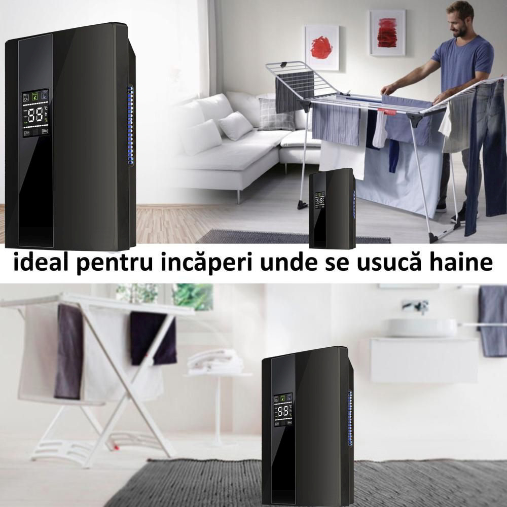 Dezumidificator si Purificator de Aer 2-in-1, Afisaj Temperatura/Umiditate, Randament 650ml/zi, Putere 90W, Anti-Mucegai, Telecomanda, Negru