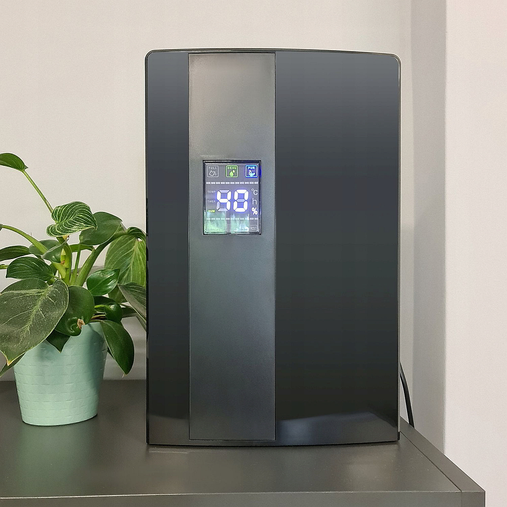 Dezumidificator si Purificator de Aer 2-in-1, Afisaj Temperatura/Umiditate, Randament 650ml/zi, Putere 90W, Anti-Mucegai, Telecomanda, Negru