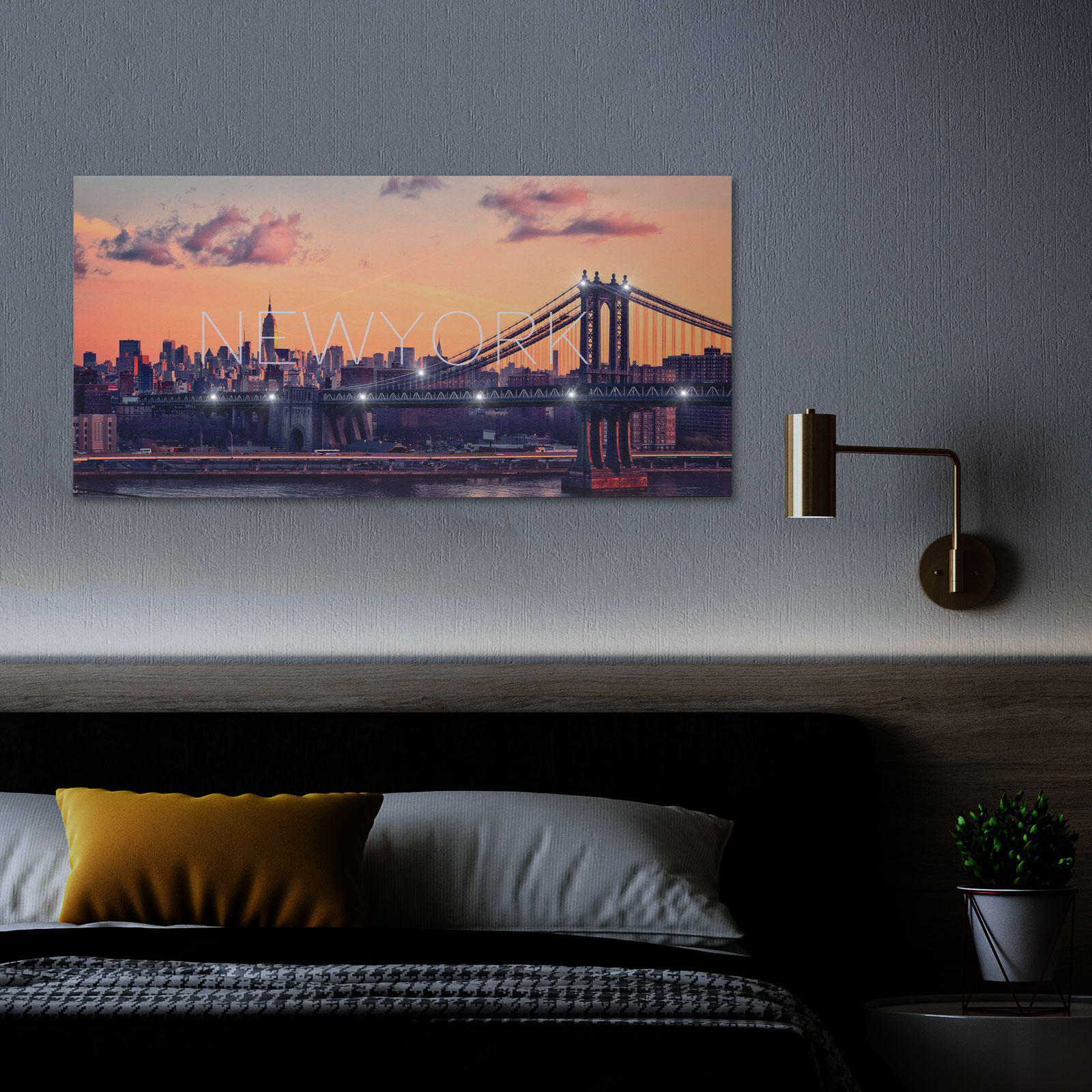 Tablou Decorativ cu Iluminare LED, New York, Baterii 2xAA, 38x78cm