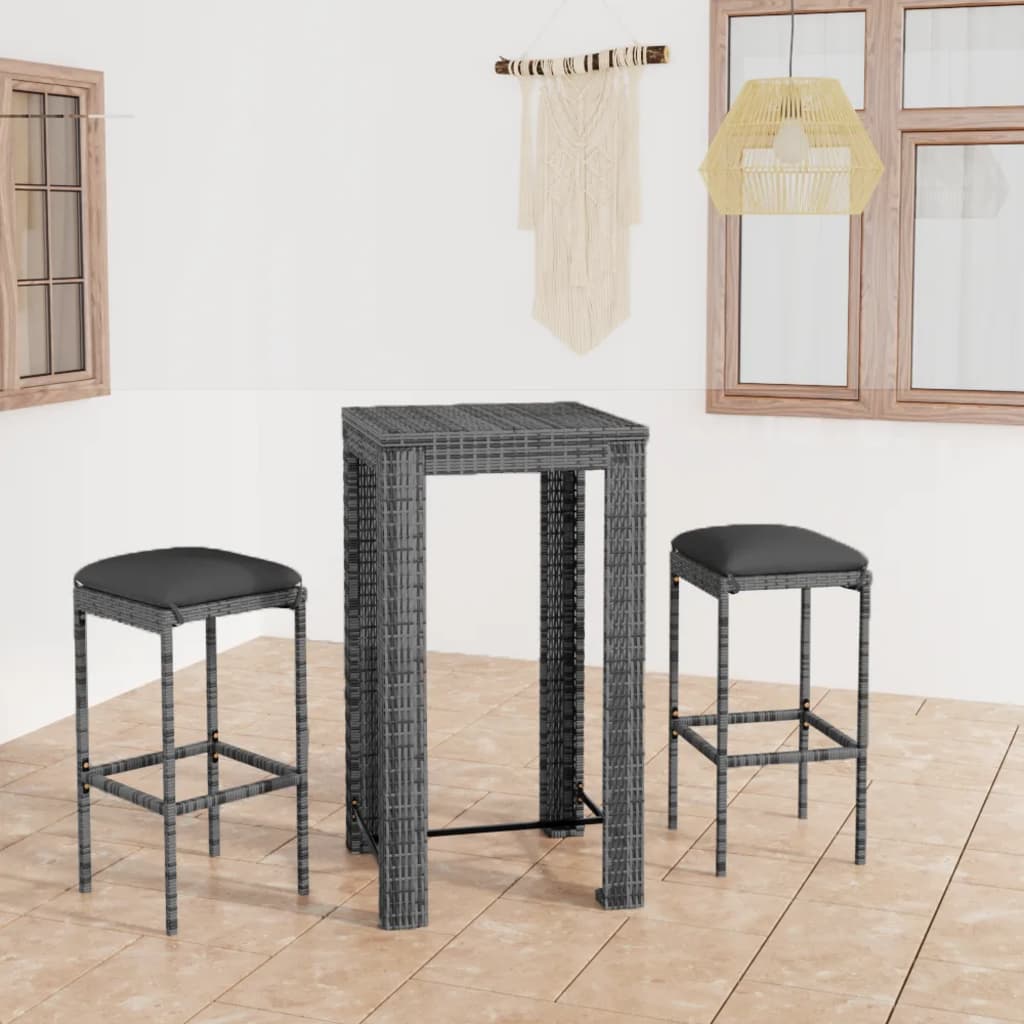 Set mobilier bar de grădină, cu perne, 3 piese, gri, poliratan GartenMobel Dekor