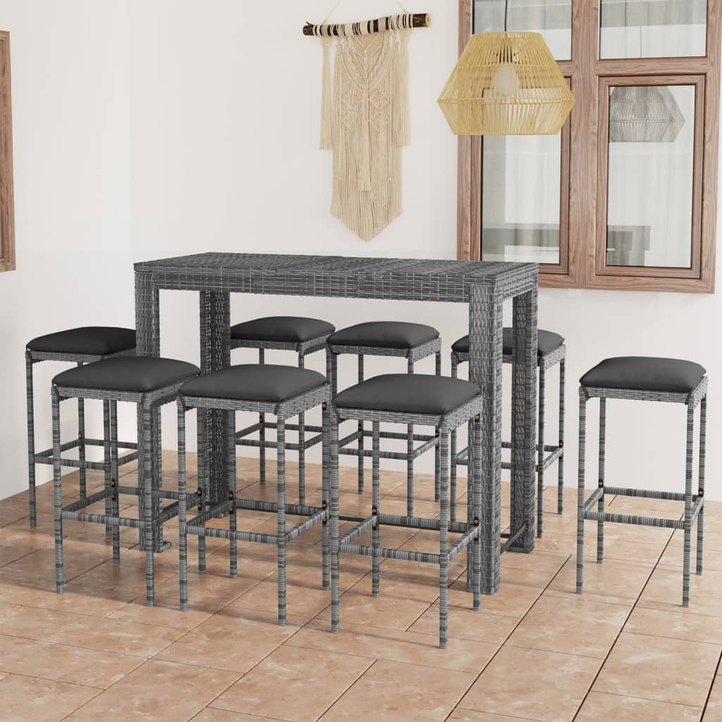 Set mobilier bar de grădină cu perne, 9 piese, gri, poliratan GartenMobel Dekor