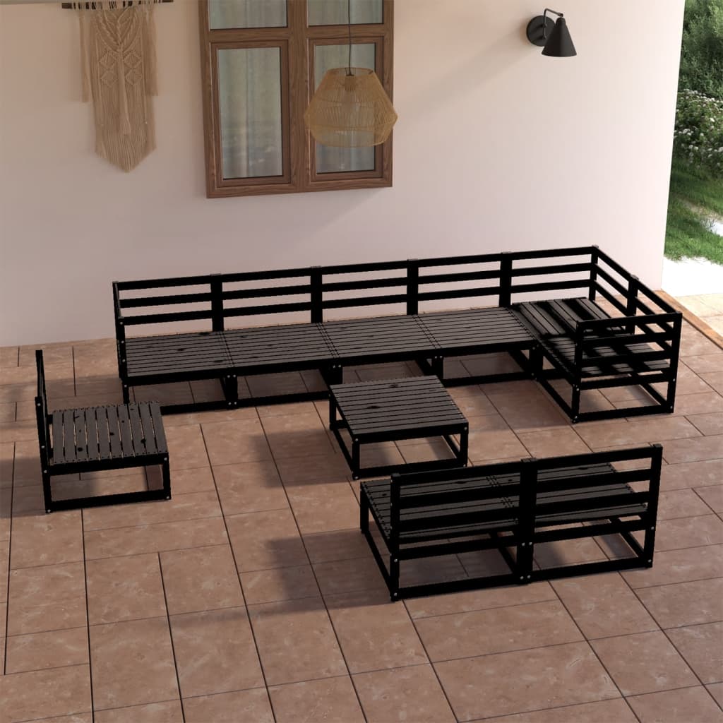 Set mobilier de grădină, 10 piese, negru, lemn masiv de pin GartenMobel Dekor