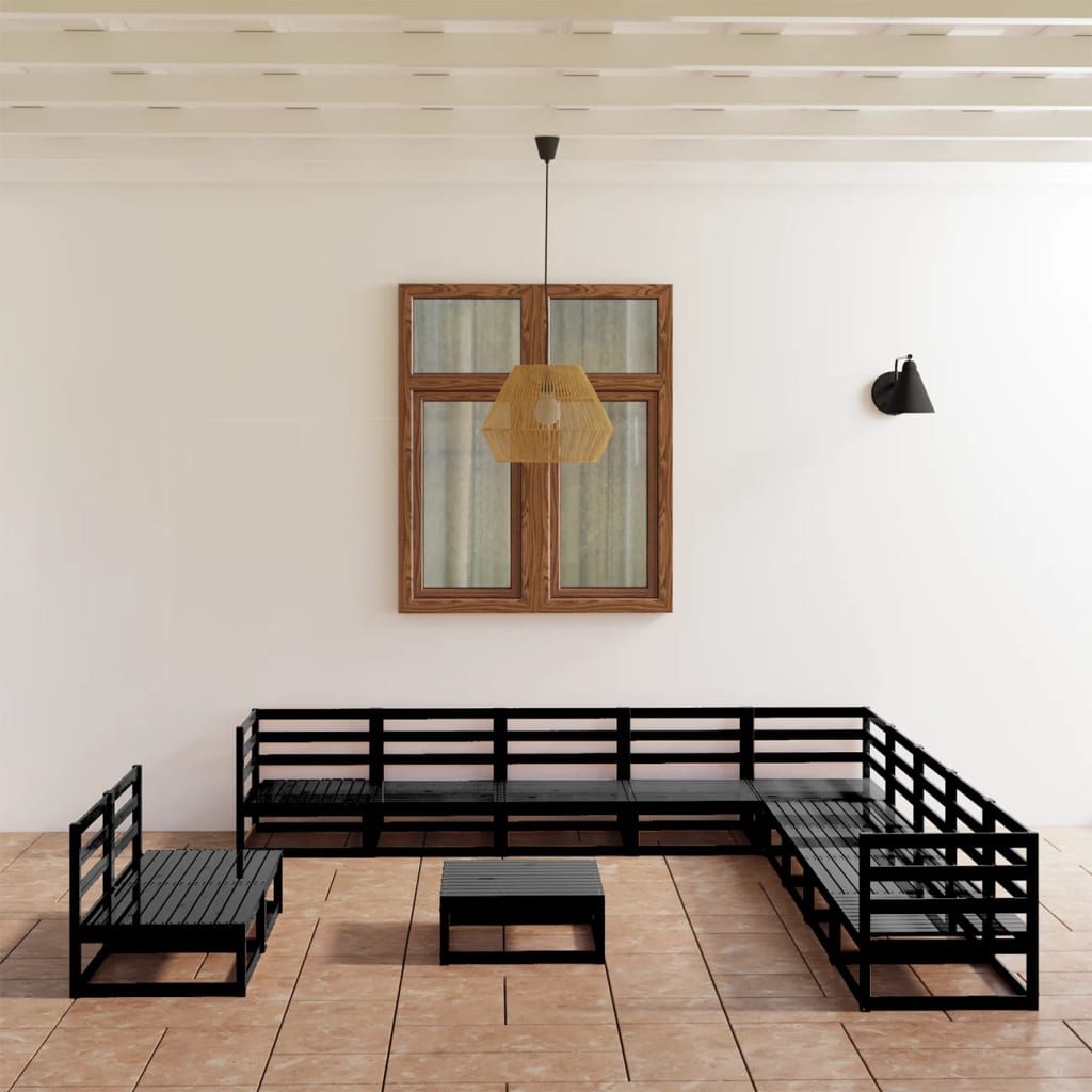 Set mobilier de grădină, 12 piese, negru, lemn masiv de pin GartenMobel Dekor
