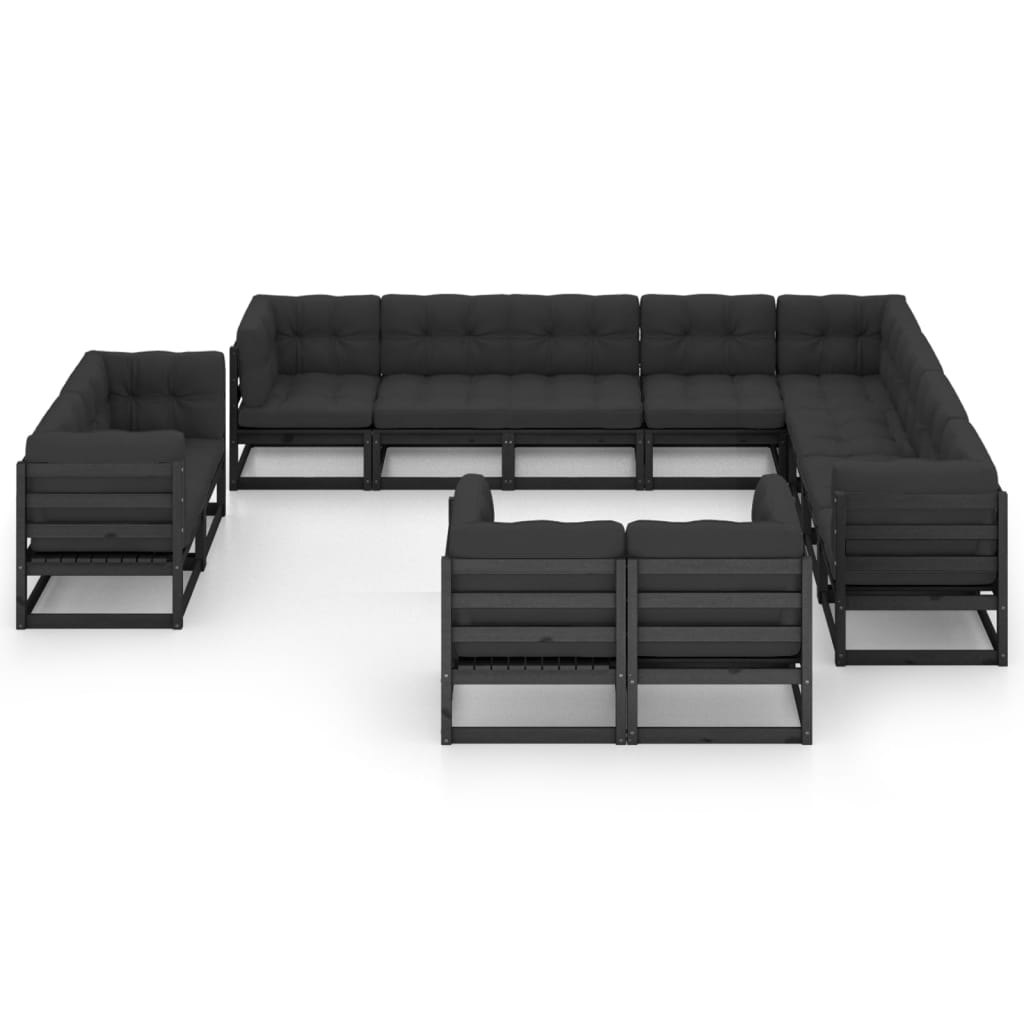 Set mobilier grădină cu perne, 12 piese, negru, lemn masiv pin GartenMobel Dekor