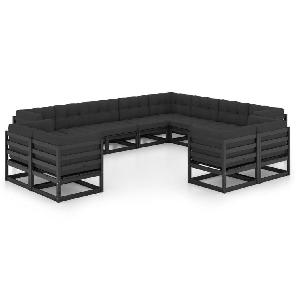 Set mobilier grădină cu perne, 12 piese, negru, lemn masiv pin GartenMobel Dekor