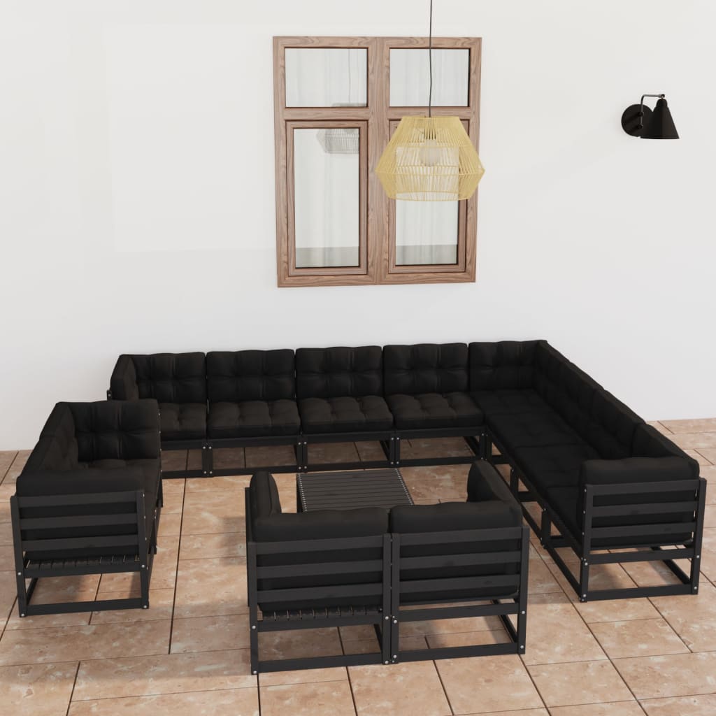 Set mobilier grădină cu perne, 13 piese, negru, lemn masiv pin GartenMobel Dekor