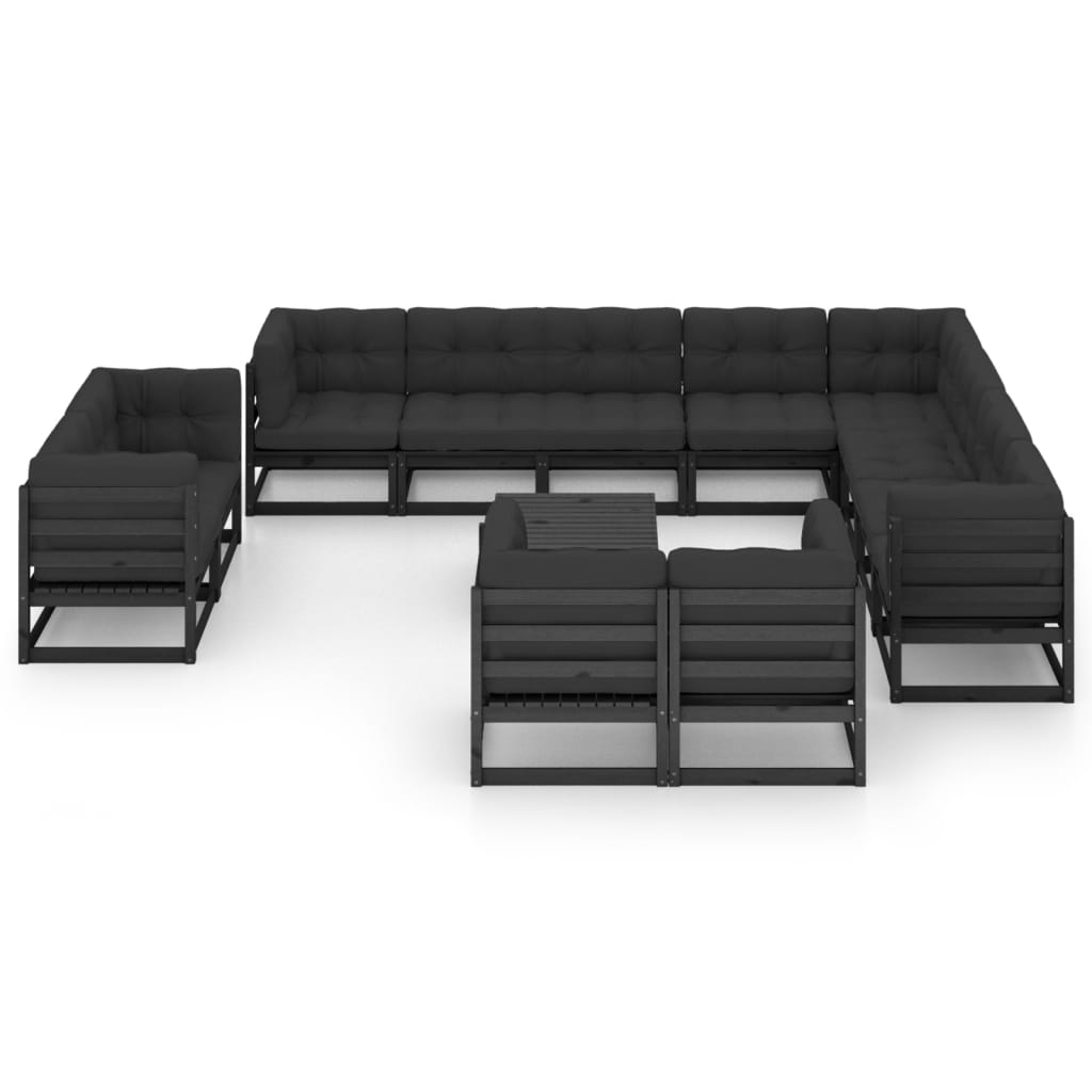 Set mobilier grădină cu perne, 13 piese, negru, lemn masiv pin GartenMobel Dekor